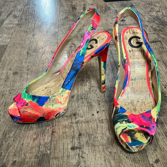 GUESS Peep-Toe Sling- Back Muti Colored Heels - Picture 1 of 14